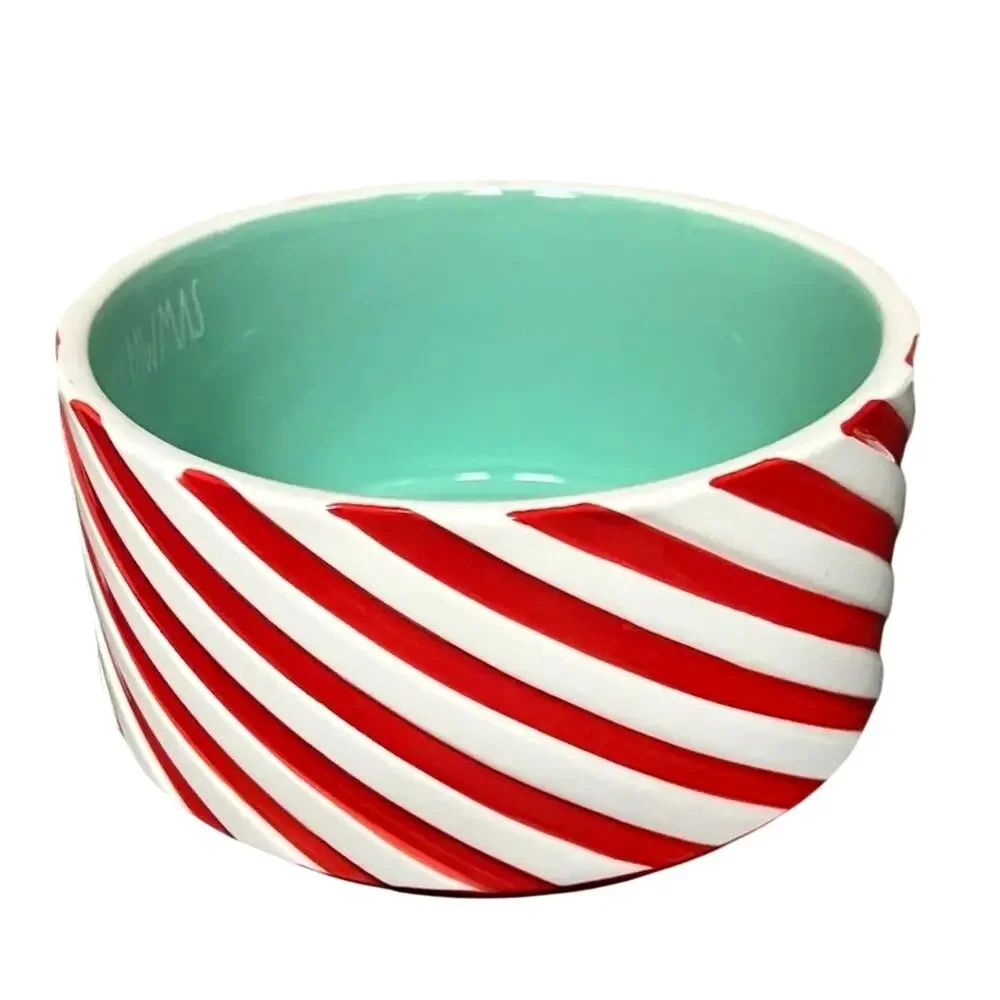 Rae Dunn Dog Bowl Christmas Candy Cane Striped MERRY PAWMAS New